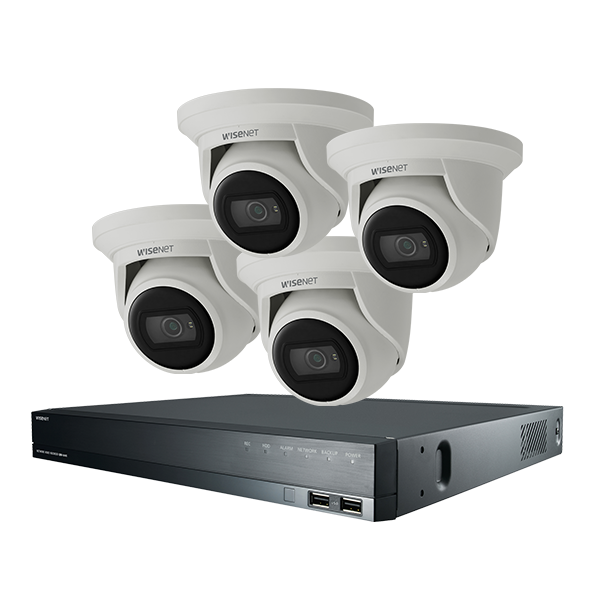 Wisenet Q Surveillance Kit with 4x Wisenet QNE-8011R / 5MP H.265 NW IR Flateye Camera and 16CH 8M H.265 NVR with PoE Switch plus 4TB HDD